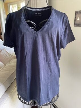 Nautica Dark Navy Crewneck Tee with Striped Trim